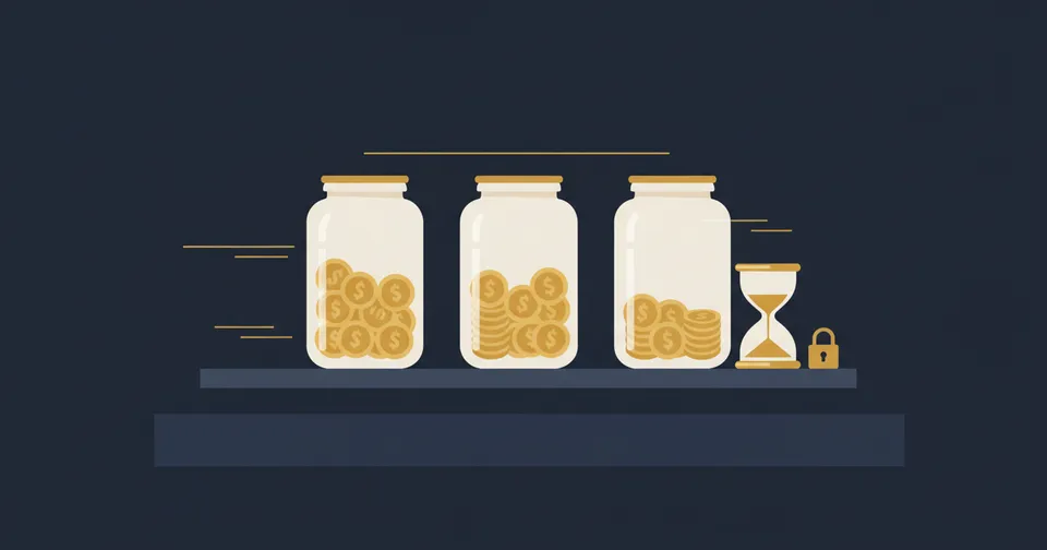Cartoon duck dividing gold coins into jars beside an hourglass and padlock