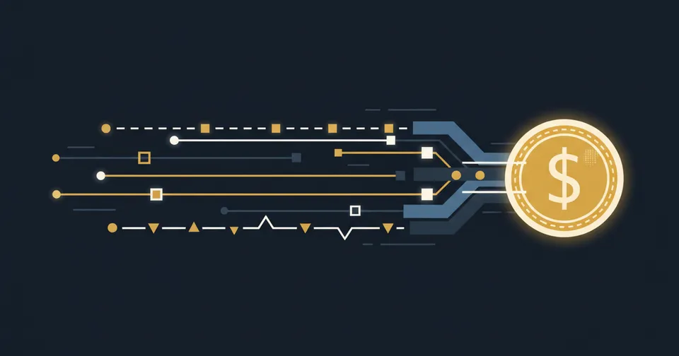 Cartoon duck carrying a coin across a glowing bridge between two islands